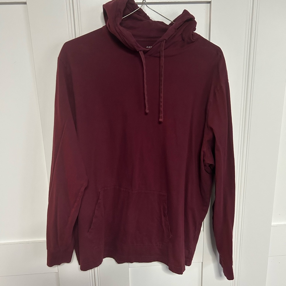 American Eagle Men's Burgundy Hooded Long Sleeve Shirt